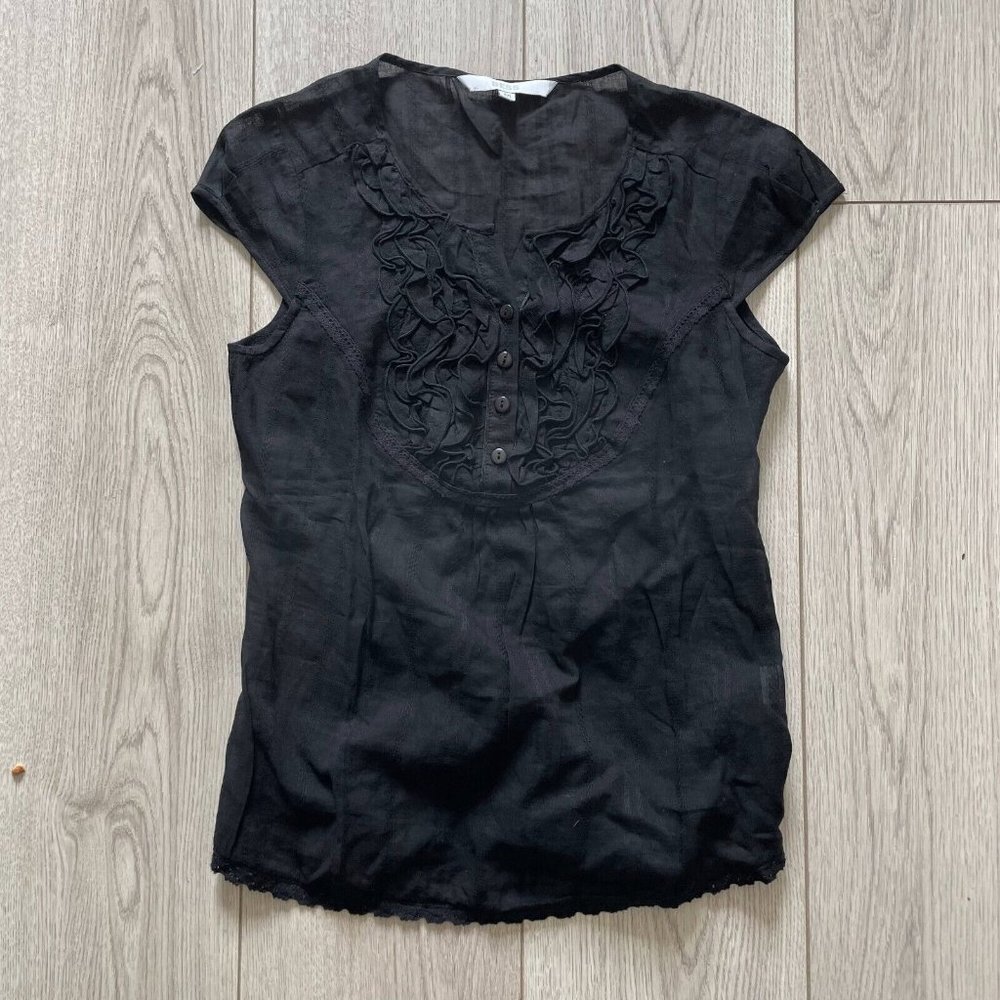 Bess Top Women's Size Medium Black Cap Sleeves Ruffle Round Neck Button Closure